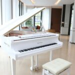 Un pianoforte a coda bianco, simbolo di eleganza e ispirazione musicale - Foto di Ria Nurul Kamariah U