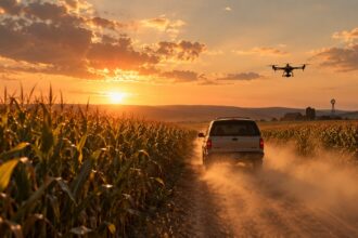 Campo di mais al tramonto con auto e drone, ispirato a Cornfield Chase di Hans Zimmer per Interstellar