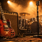 Chitarra elettrica vintage, amplificatore e microfono sul palco per raccontare la storia del rock