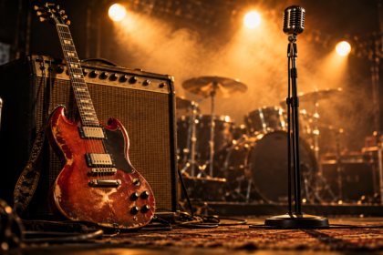 Chitarra elettrica vintage, amplificatore e microfono sul palco per raccontare la storia del rock