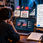 Artista emergente al computer mentre organizza la promozione di un nuovo singolo tra social network, streaming e comunicati stampa
