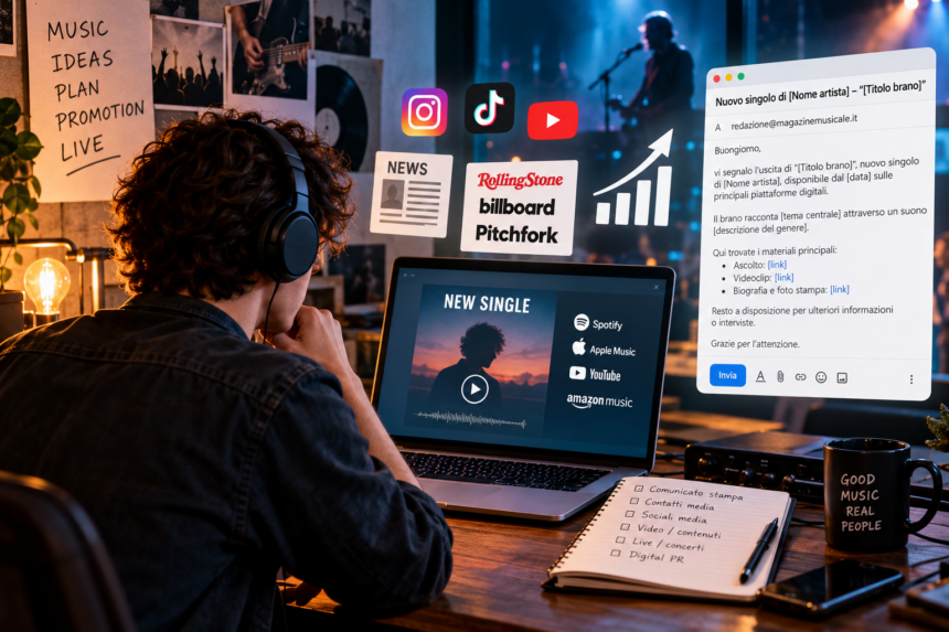 Artista emergente al computer mentre organizza la promozione di un nuovo singolo tra social network, streaming e comunicati stampa